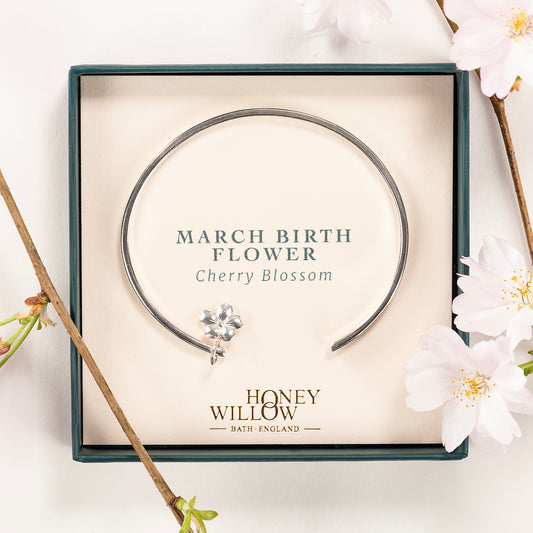 March Birth Flower Jewellery - Personalised Cherry Blossom Torc Bangle - Silver
