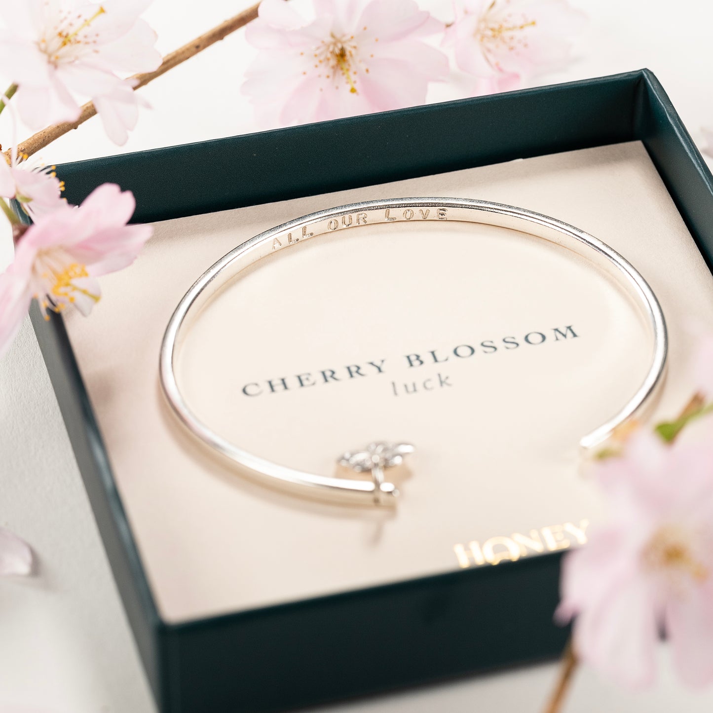 Personalised Cherry Blossom Torc Bangle - Luck - Silver