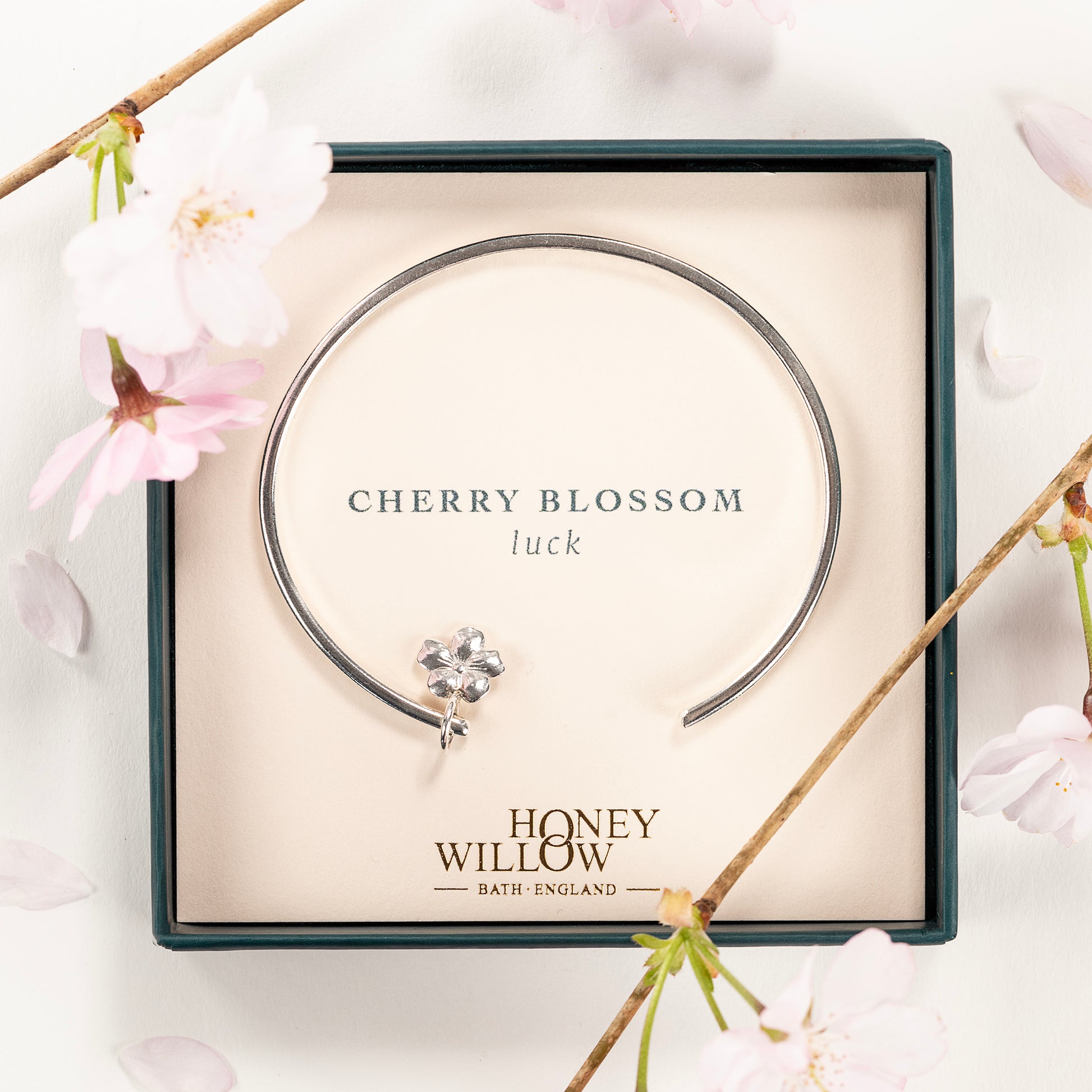 Personalised Cherry Blossom Torc Bangle - Luck - Silver