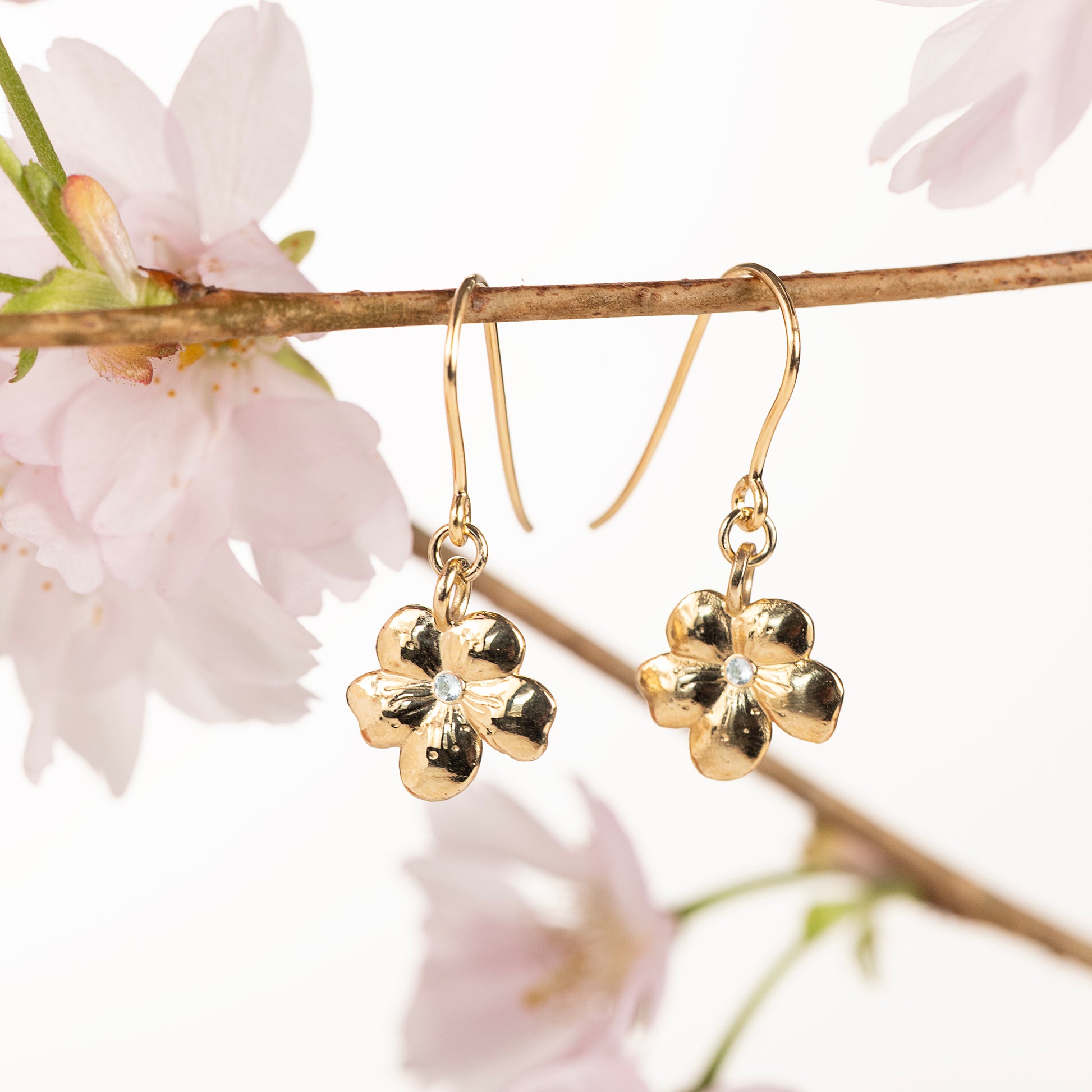 March Birth Flower & Birthstone Earrings - Cherry Blossom & Aquamarine - 9kt Gold