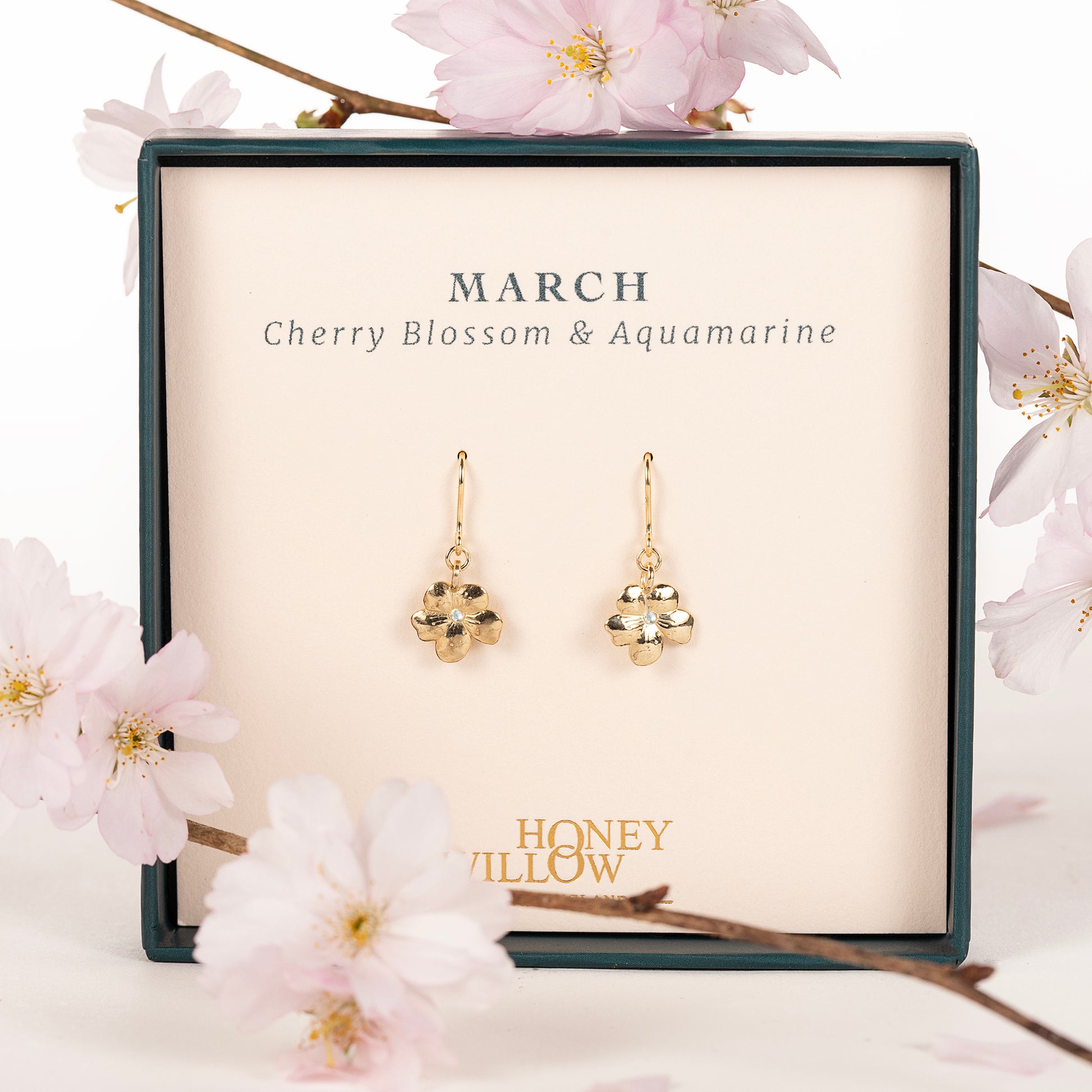 March Birth Flower & Birthstone Earrings - Cherry Blossom & Aquamarine - 9kt Gold