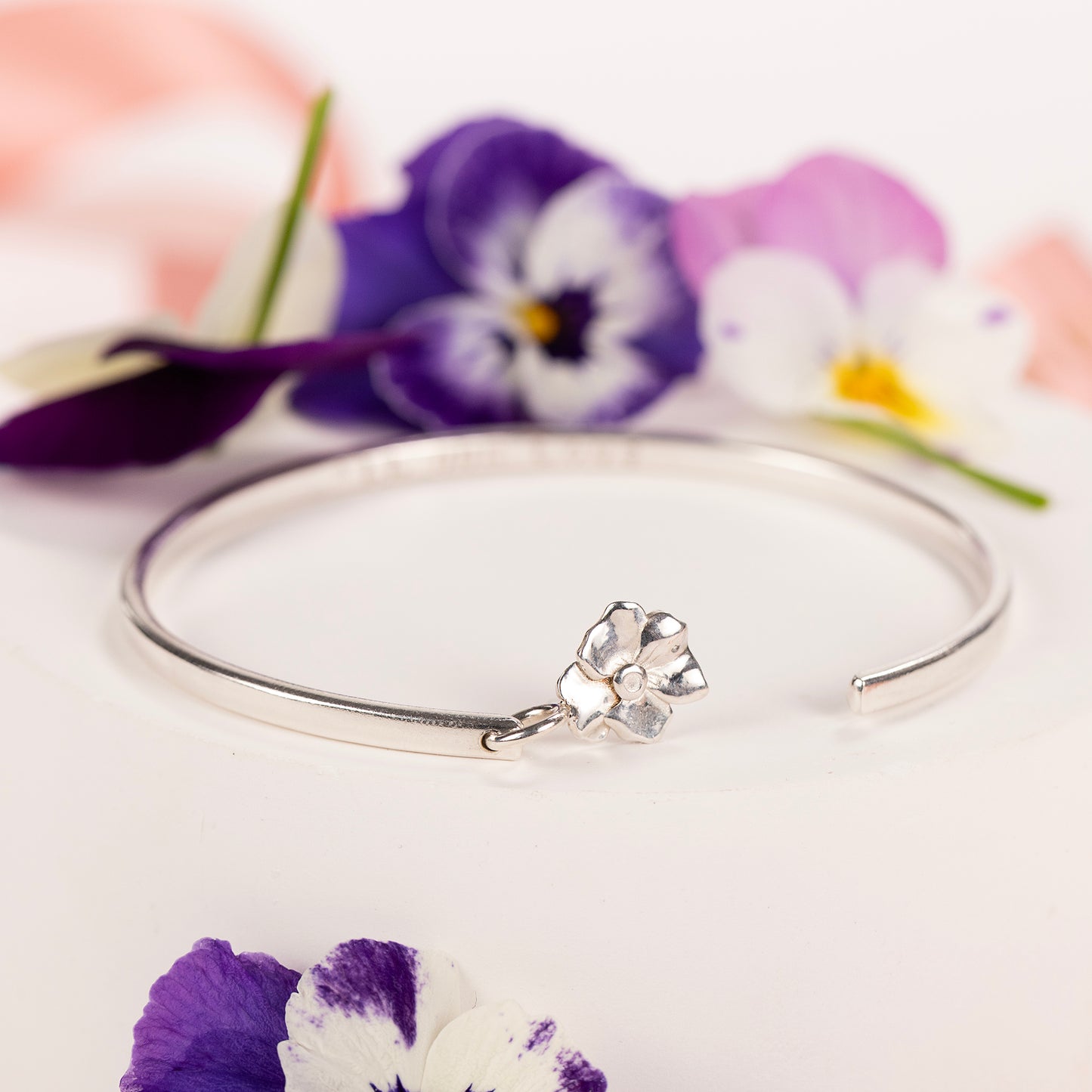 50th Anniversary Gift - Personalised Violet Flower Open Cuff Bangle - Silver