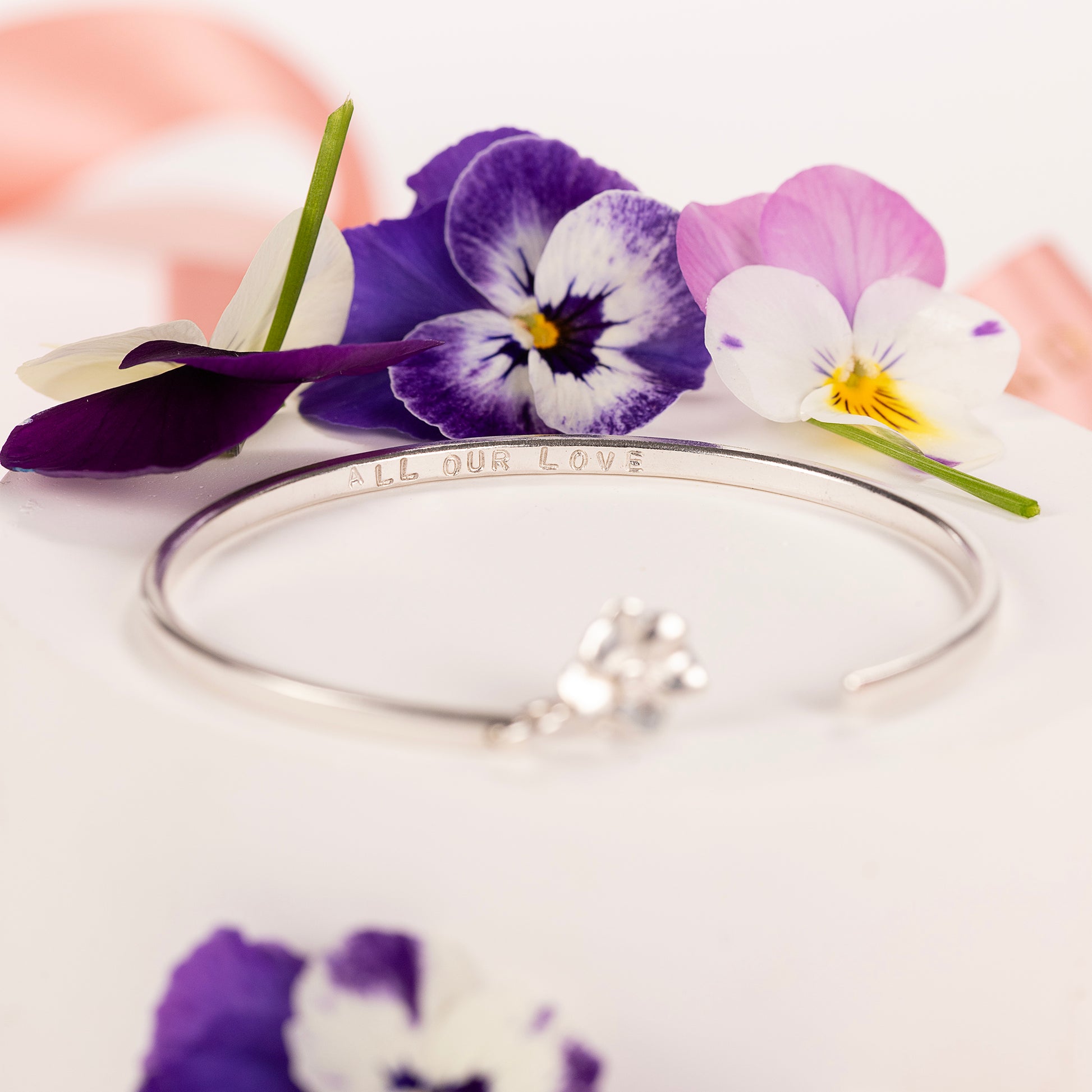50th Anniversary Gift - Personalised Violet Flower Open Cuff Bangle - Silver