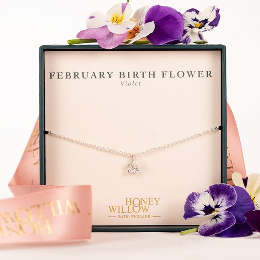February Birth Flower Bracelet - Delicate Pearl & Violet Flower - Silver