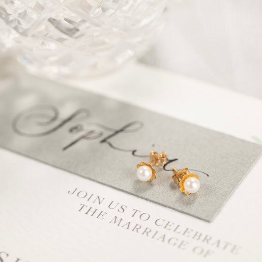 Gift for Flower Girl - Dainty Flower and Pearl Studs - Silver & Gold