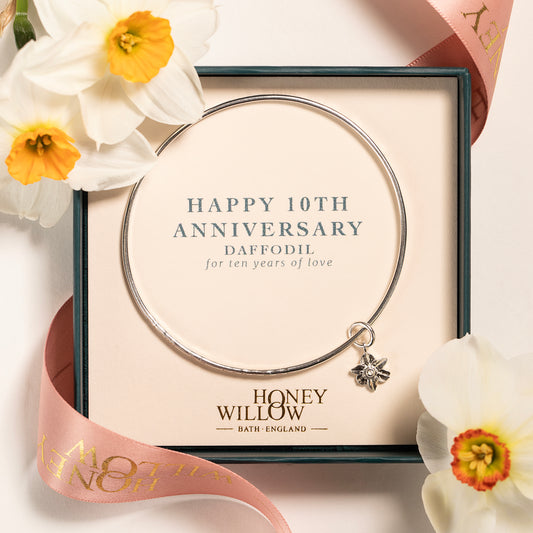 10th Anniversary Gift - Personalised Daffodil Flower Bangle - Silver