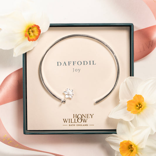 Personalised Daffodil Flower Torc Bangle - Joy - Silver