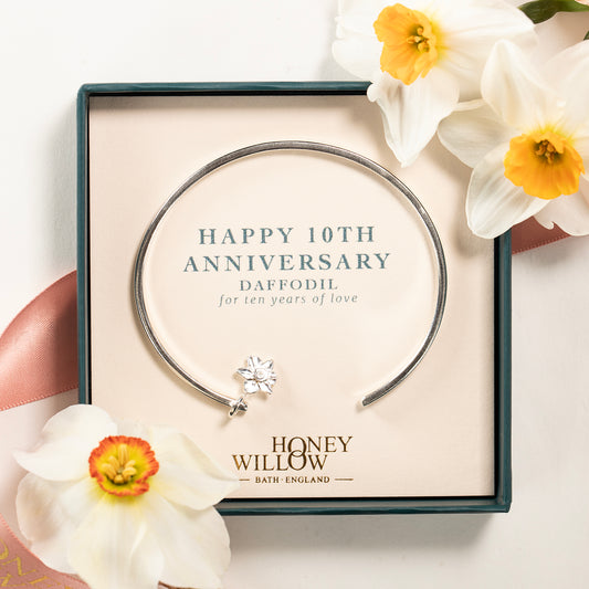 10th Anniversary Gift - Personalised Daffodil Flower Torc Bangle - Silver