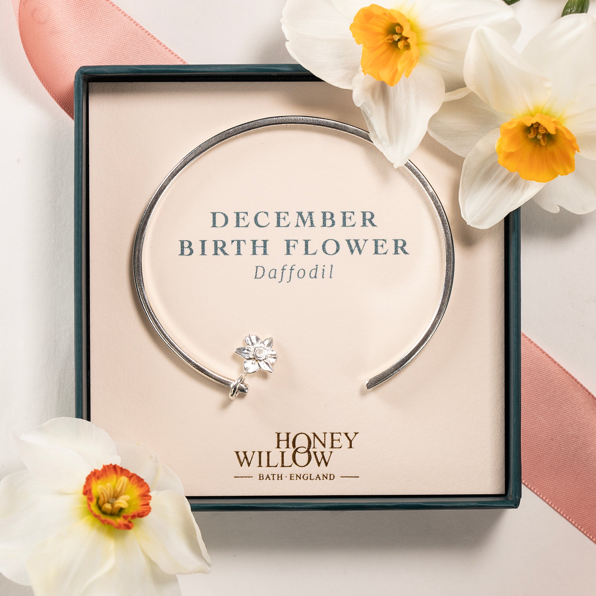 December Birth Flower Jewellery - Personalised Daffodil Torc Bangle - Silver