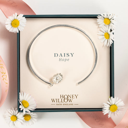 Personalised Daisy Flower Torc Bangle - Hope - Silver