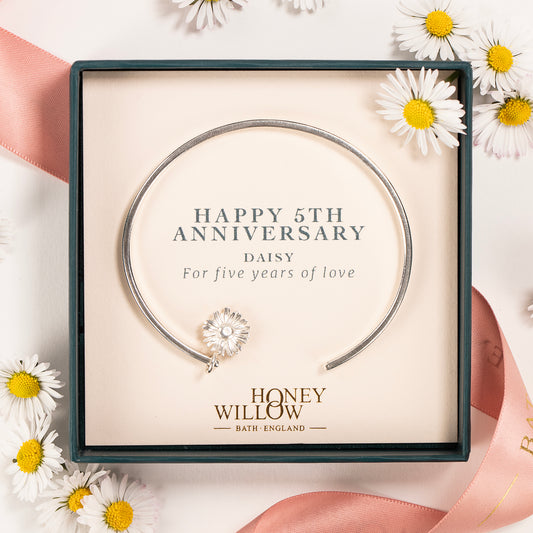 5th Anniversary Gift - Personalised Daisy Flower Torc Bangle - Silver