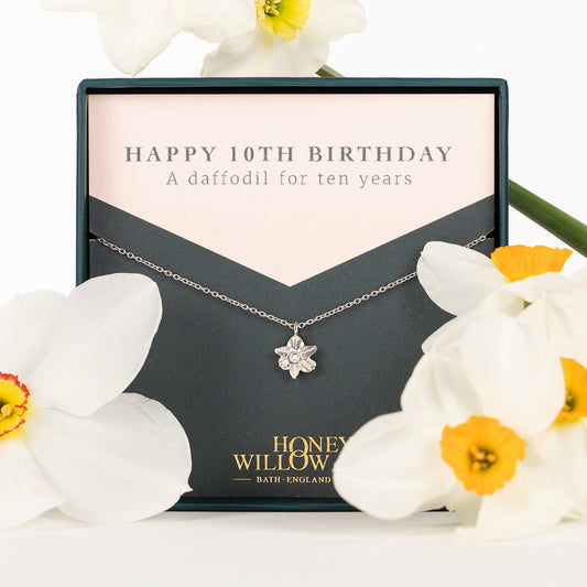 10th Birthday Gift - Daffodil Flower Necklace - Silver