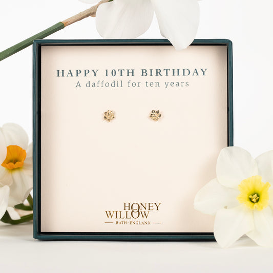 10th Birthday Gift - Daffodil Flower Stud Earrings - 9kt Gold