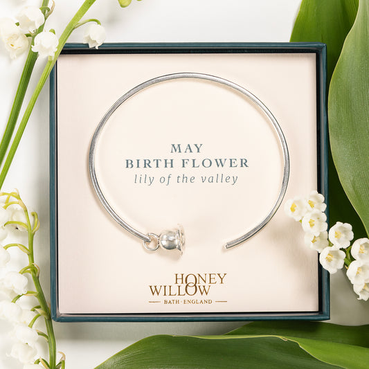 May Birth Flower Jewellery - Personalised Lily of the Valley Torc Bangle - Silver