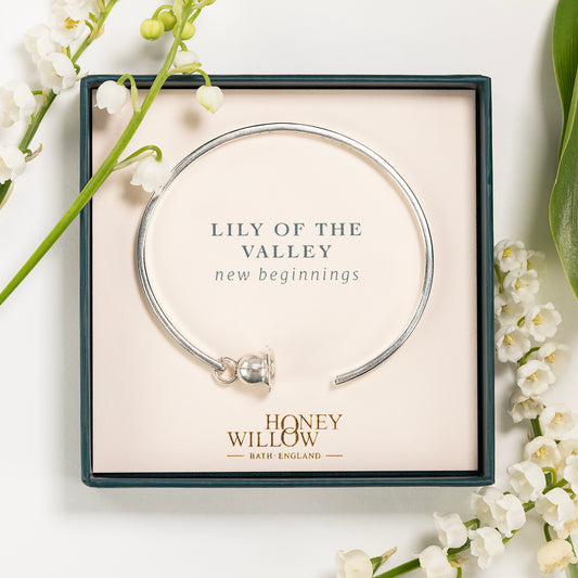 Personalised Lily of the Valley Flower Torc Bangle - New Beginnings - Silver