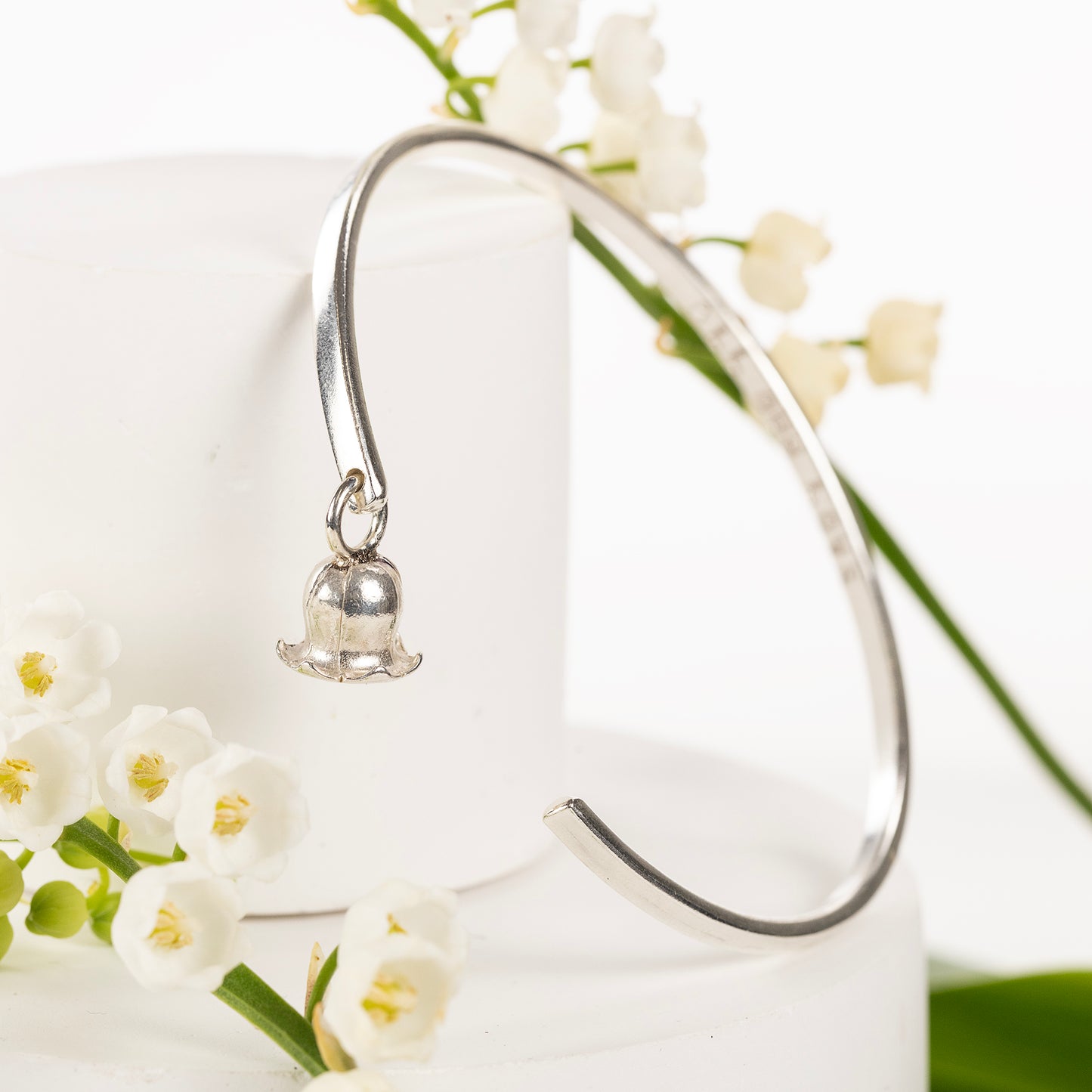Personalised Lily of the Valley Flower Torc Bangle - New Beginnings - Silver
