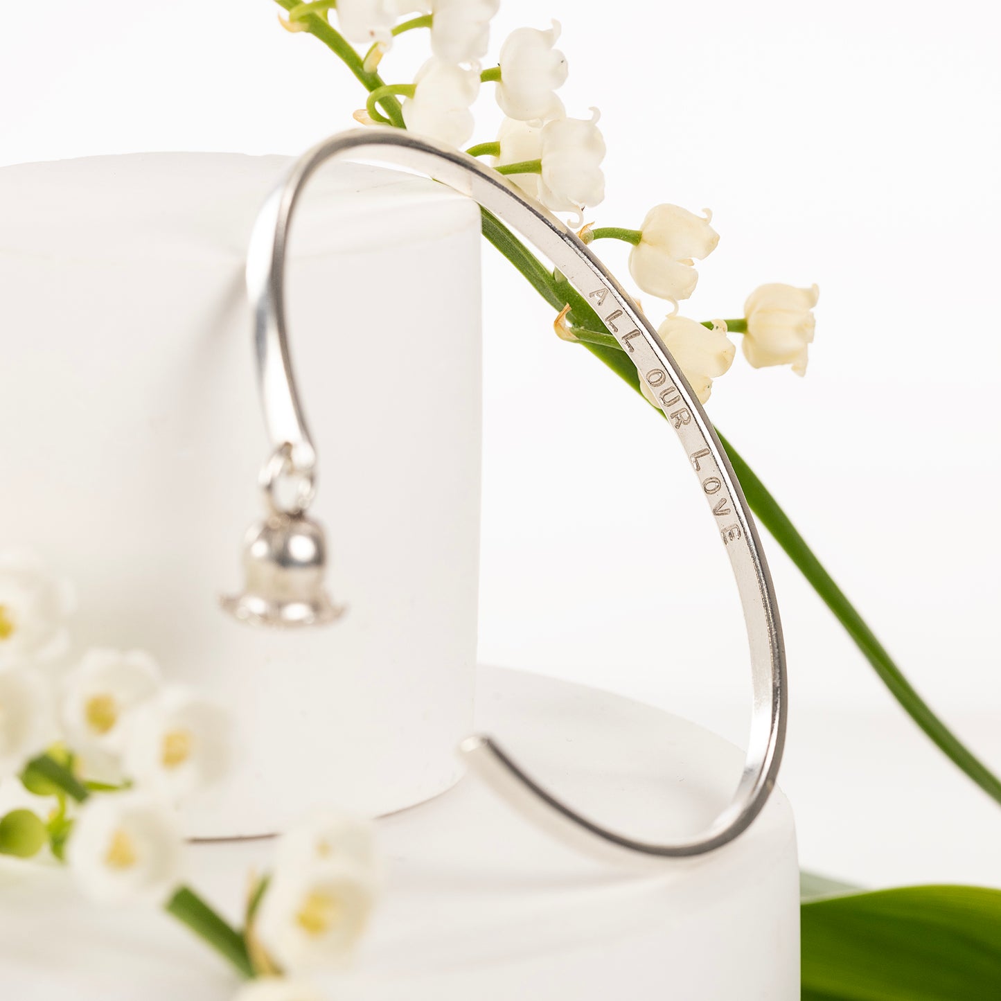 May Birth Flower Jewellery - Personalised Lily of the Valley Torc Bangle - Silver