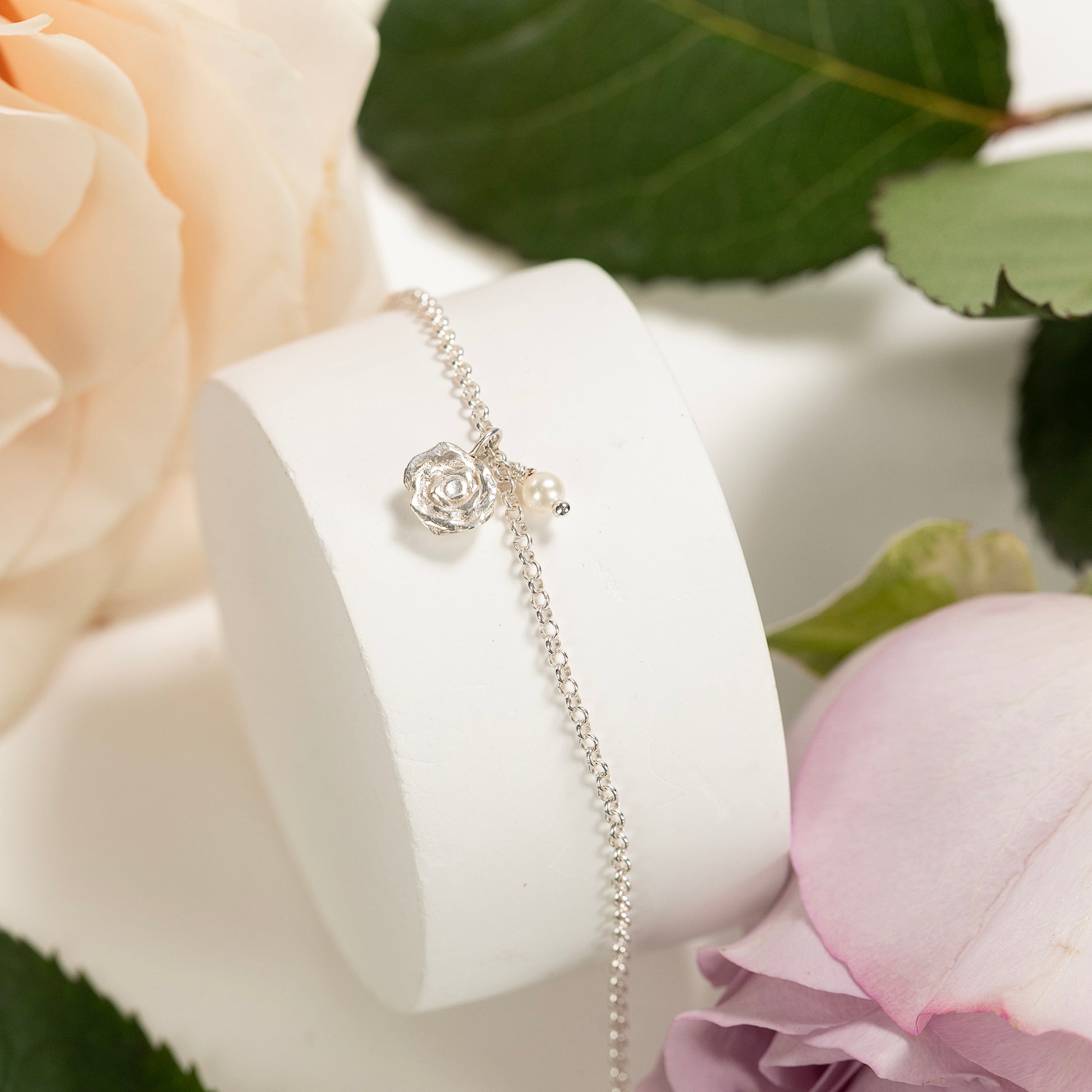 Delicate Rose Flower & Pearl Bracelet - Rose - Silver