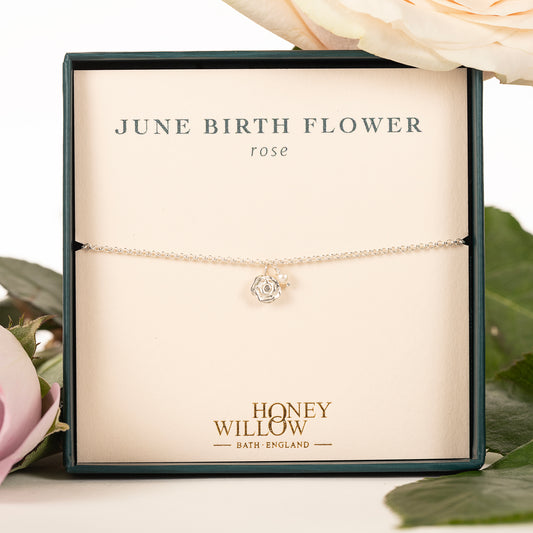 June Birth Flower Bracelet - Rose & Pearl - Silver