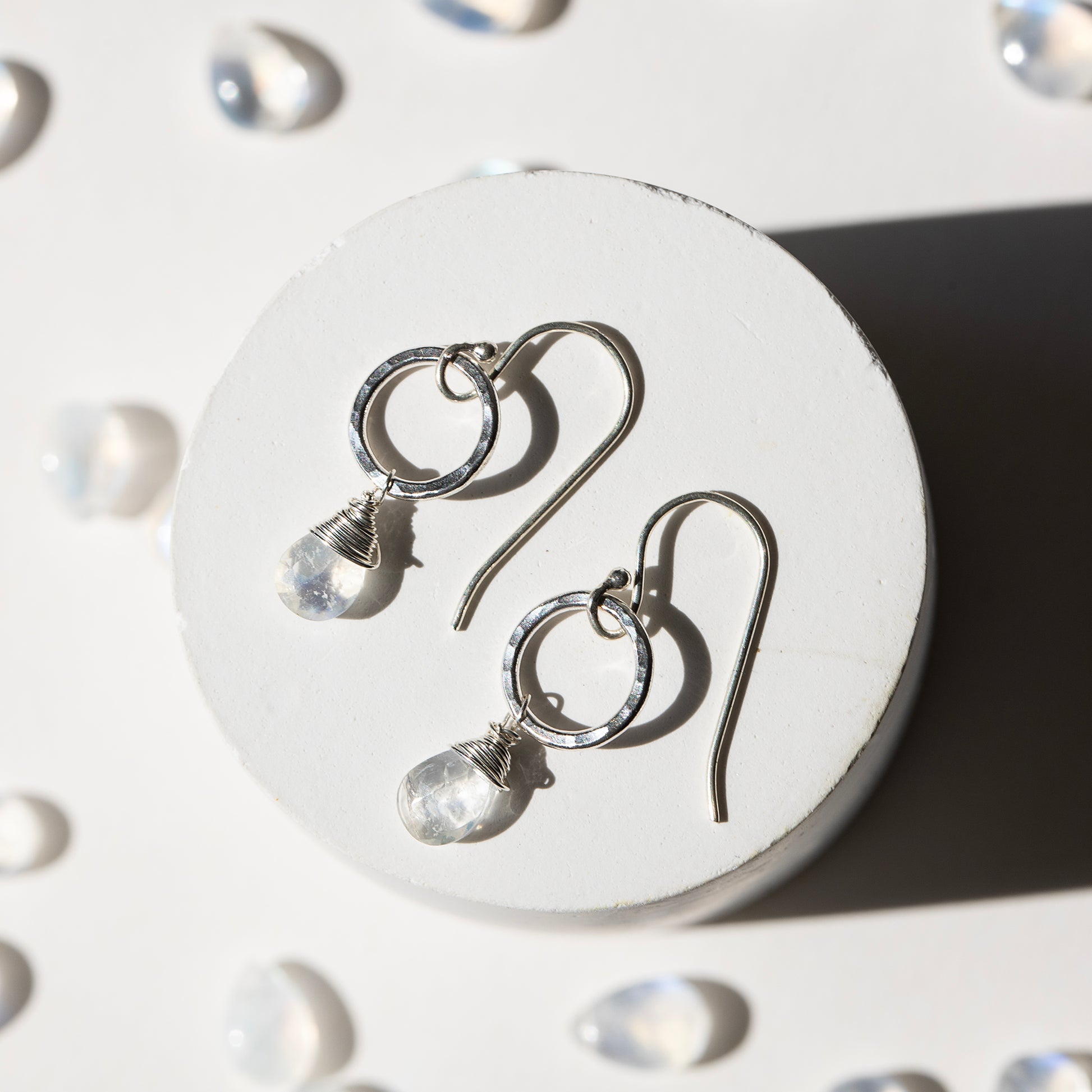 June Birthstone Circle Earrings - Moonstone - Silver & Gold