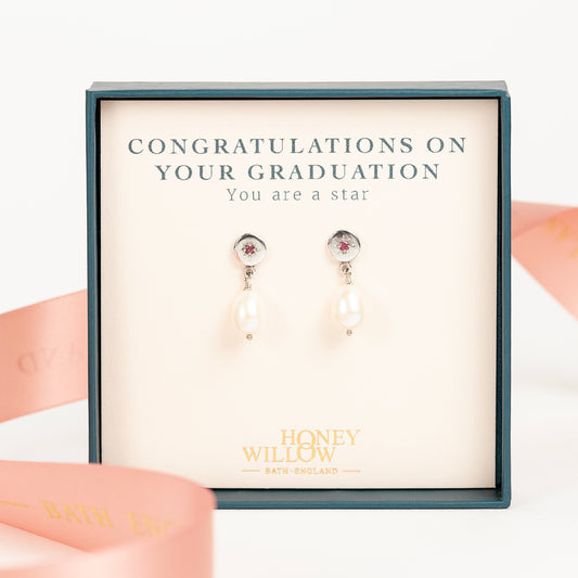 Graduation Gift - Star Set Birthstone Earrings with Pearls - Silver