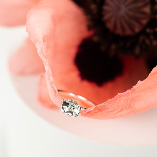 Poppy Flower Ring - August Birth Flower - Silver
