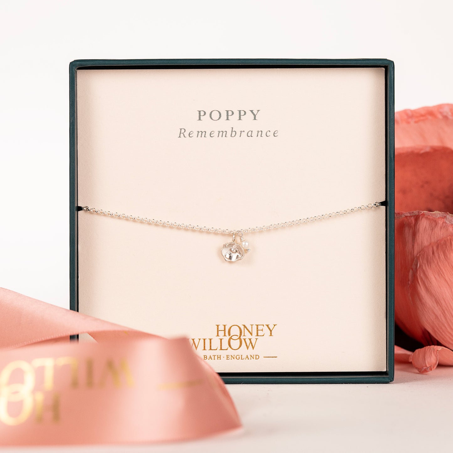 Delicate Poppy Flower & Pearl Bracelet - Remembrance - Silver