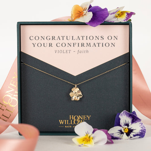 Gift for Confirmation - Violet Flower Necklace - Faith - 9kt Gold