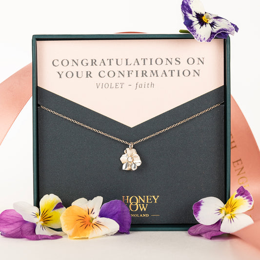 Gift for Confirmation - Violet Flower Necklace - Faith - Silver
