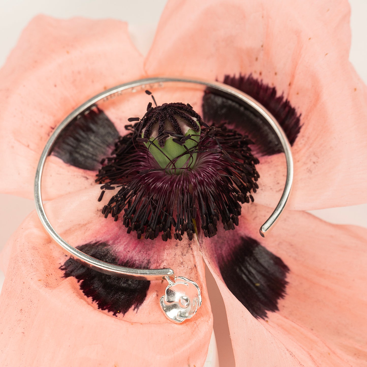 August Birth Flower Jewellery - Personalised Poppy Torc Bangle - Silver