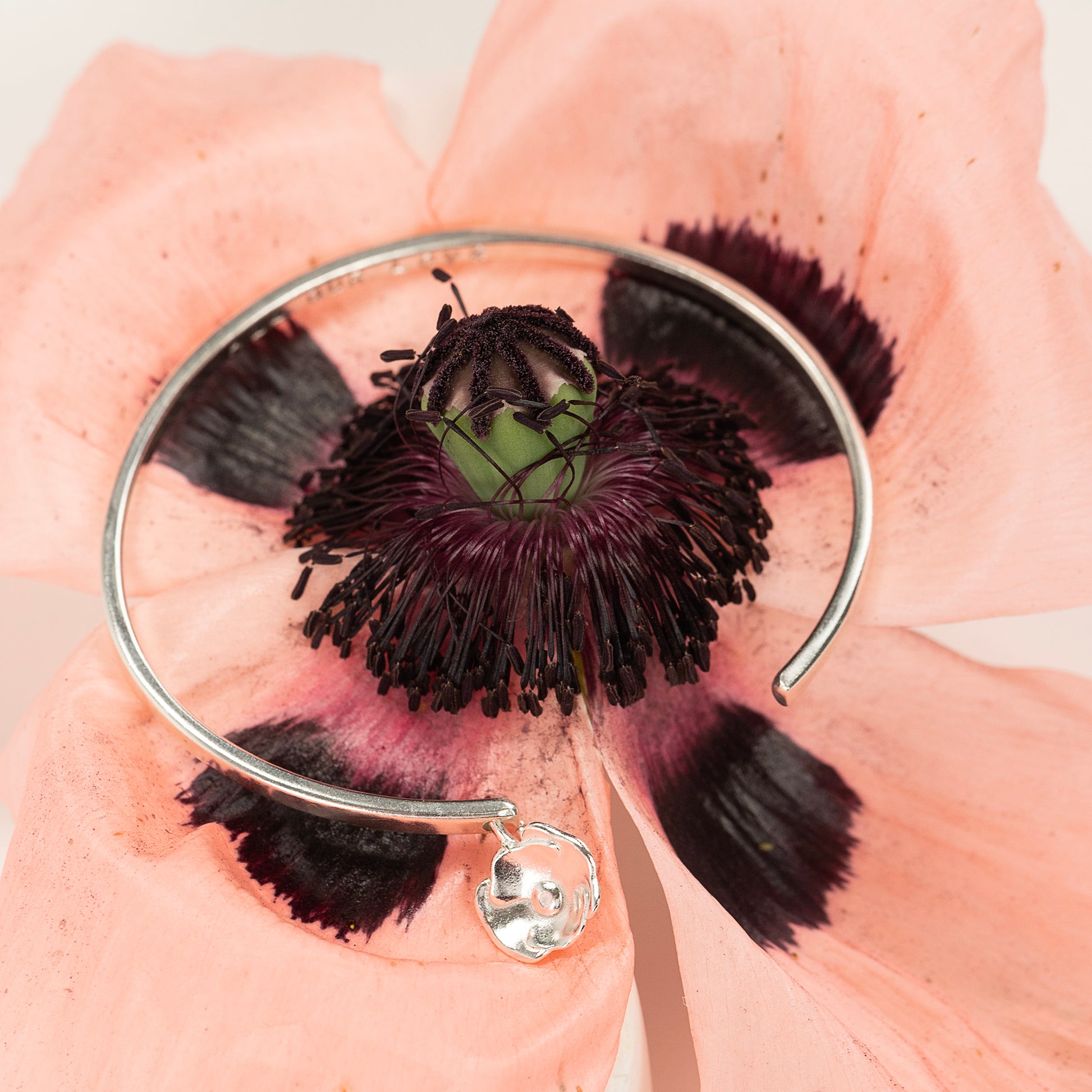 9th Anniversary Gift - Personalised Poppy Flower Torc Bangle - Silver