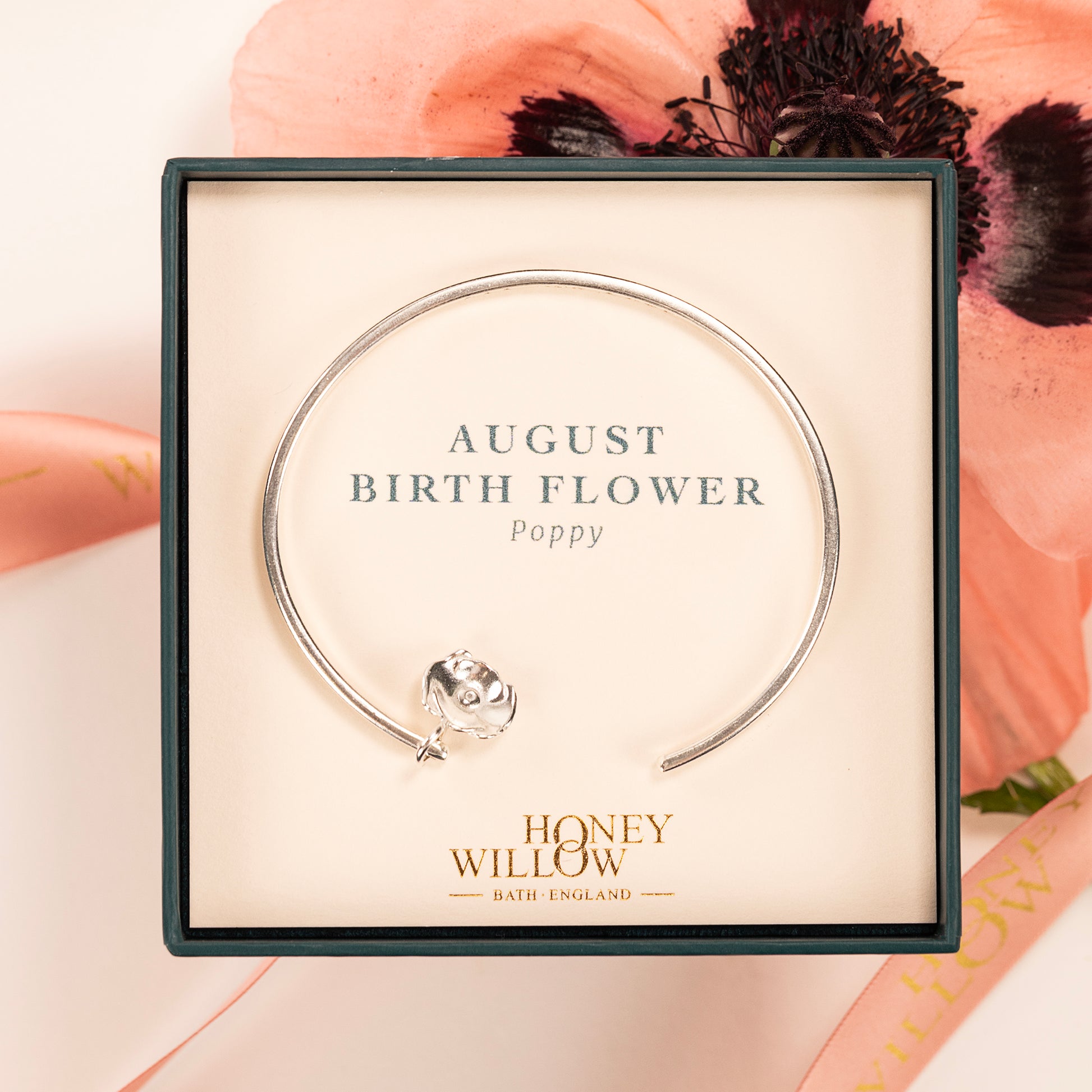 August Birth Flower Jewellery - Personalised Poppy Torc Bangle - Silver