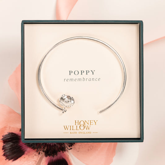 Personalised Poppy Flower Torc Bangle - Remembrance - Silver