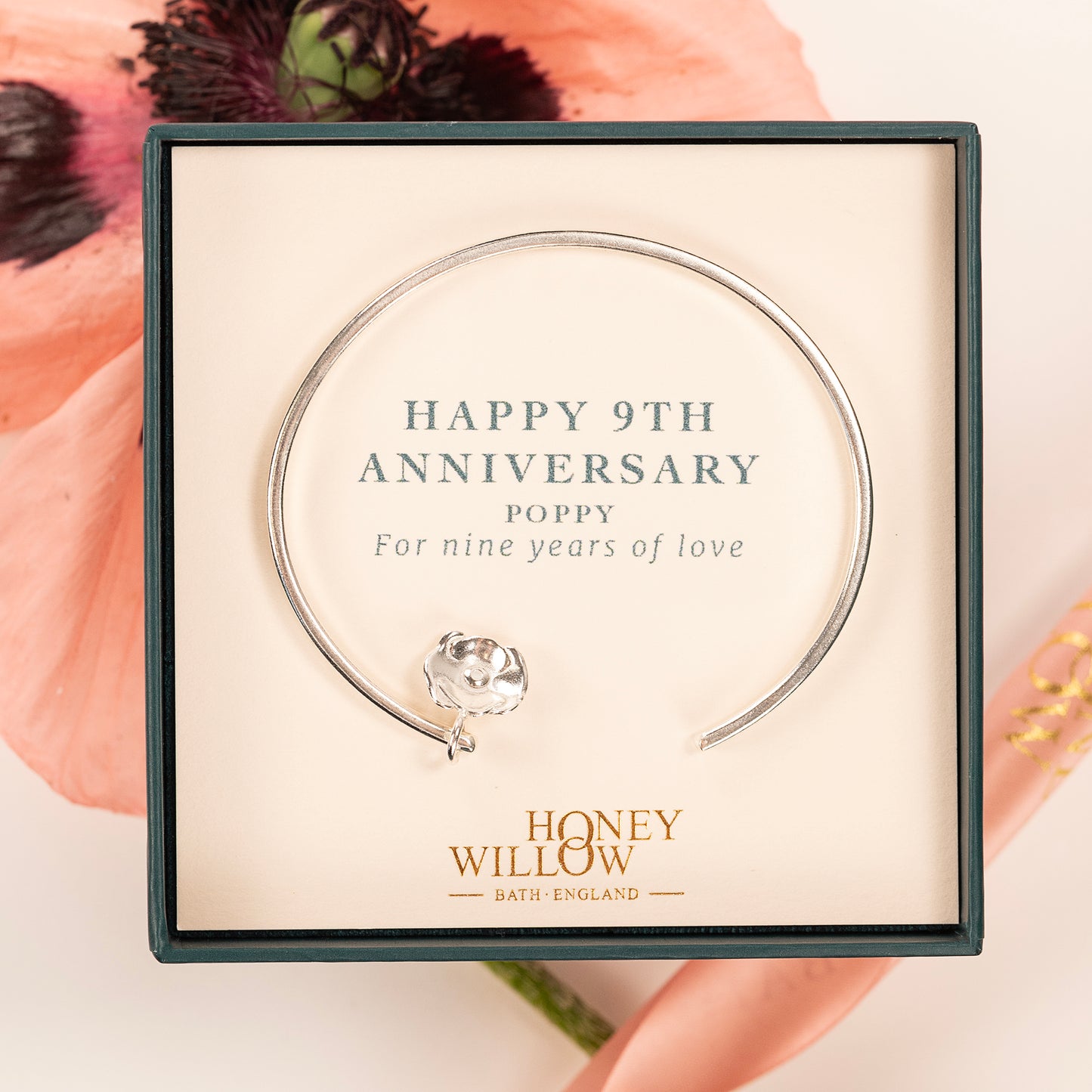 9th Anniversary Gift - Personalised Poppy Flower Torc Bangle - Silver