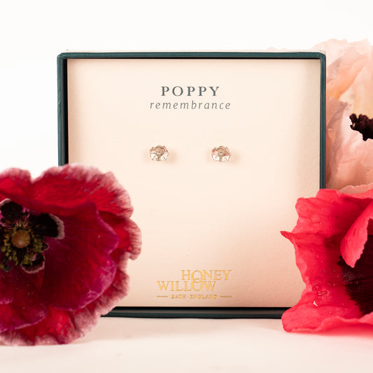 Poppy Flower Stud Earrings - Remembrance - Silver