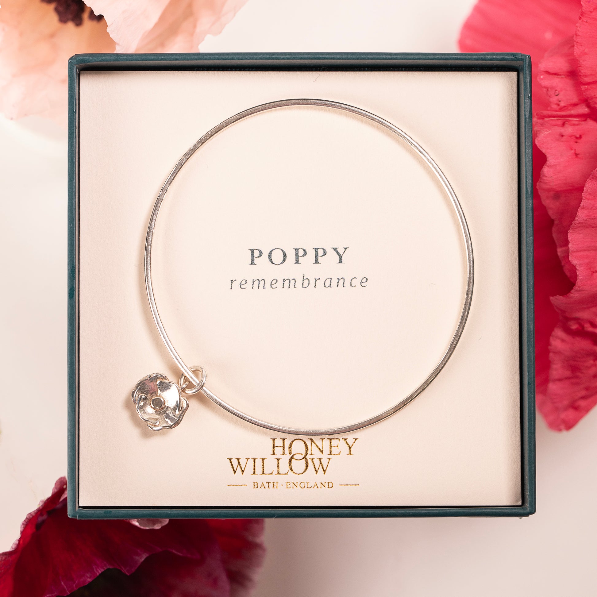 Personalised Poppy Flower Bangle - Remembrance - Silver