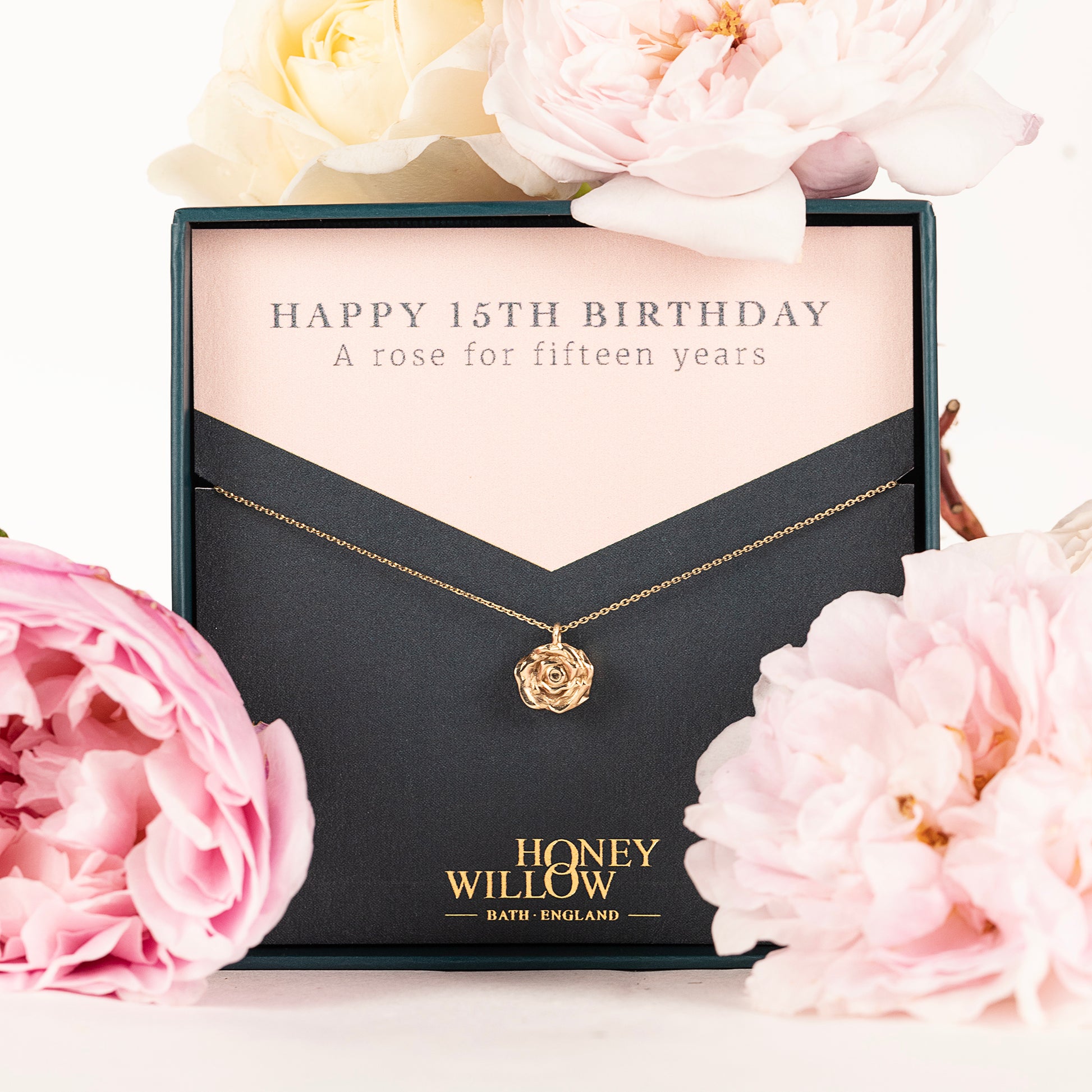 15th Birthday Gift - Rose Flower Necklace - 9kt Gold