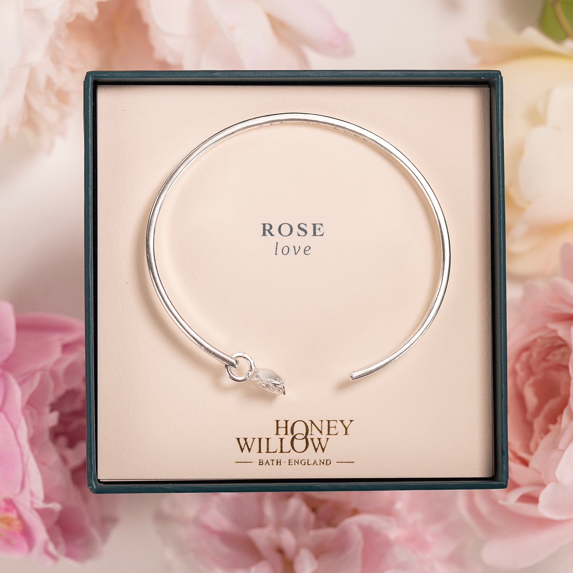 Personalised Rose Flower Torc Bangle - Love - Silver