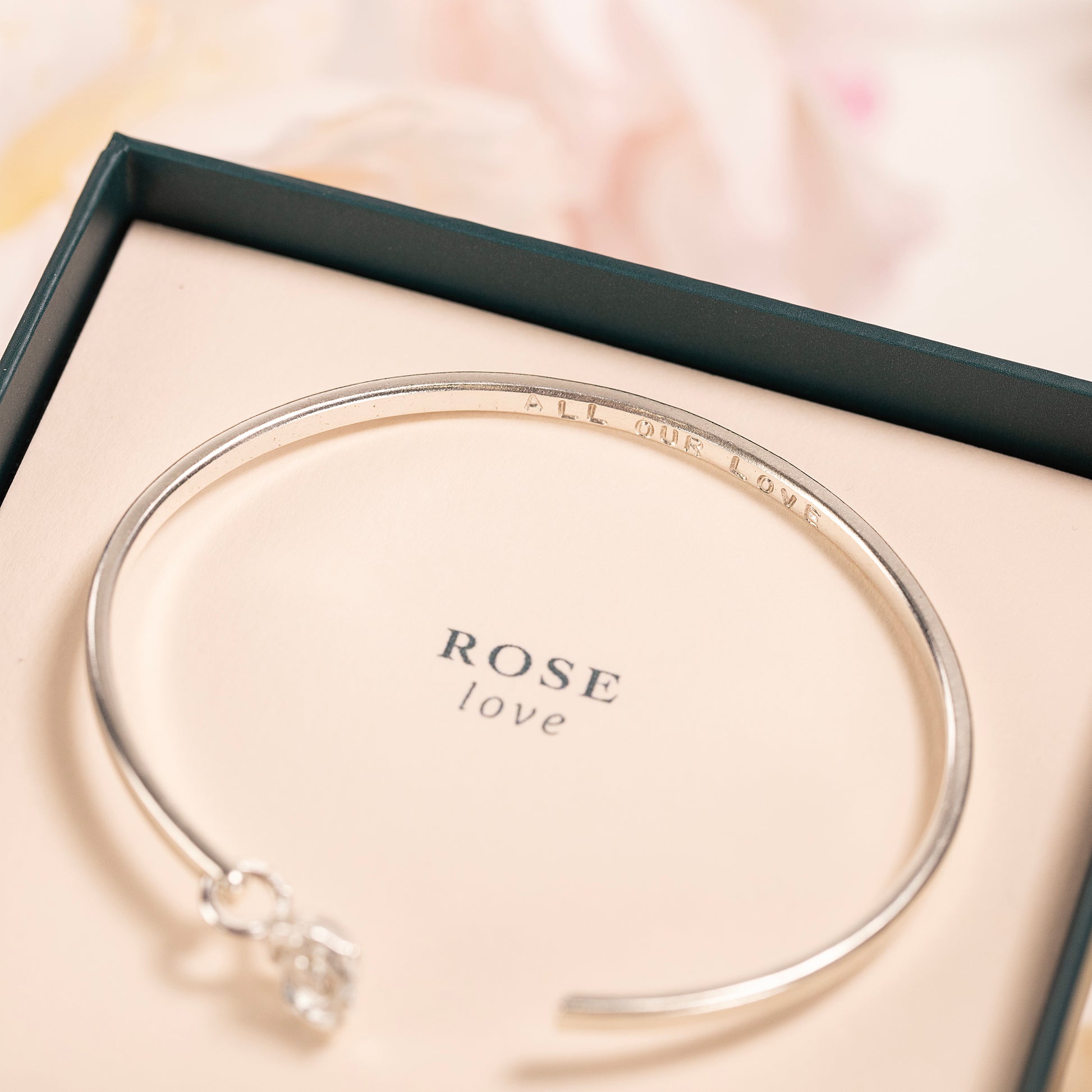 Personalised Rose Flower Torc Bangle - Love - Silver