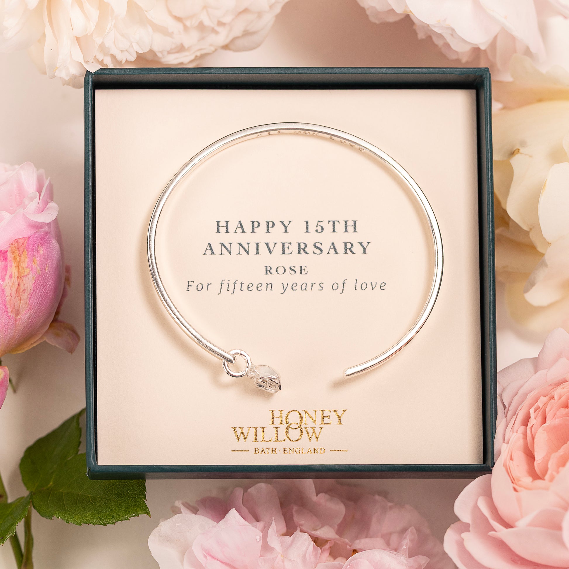 15th Anniversary Gift - Personalised Rose Flower Torc Bangle - Silver