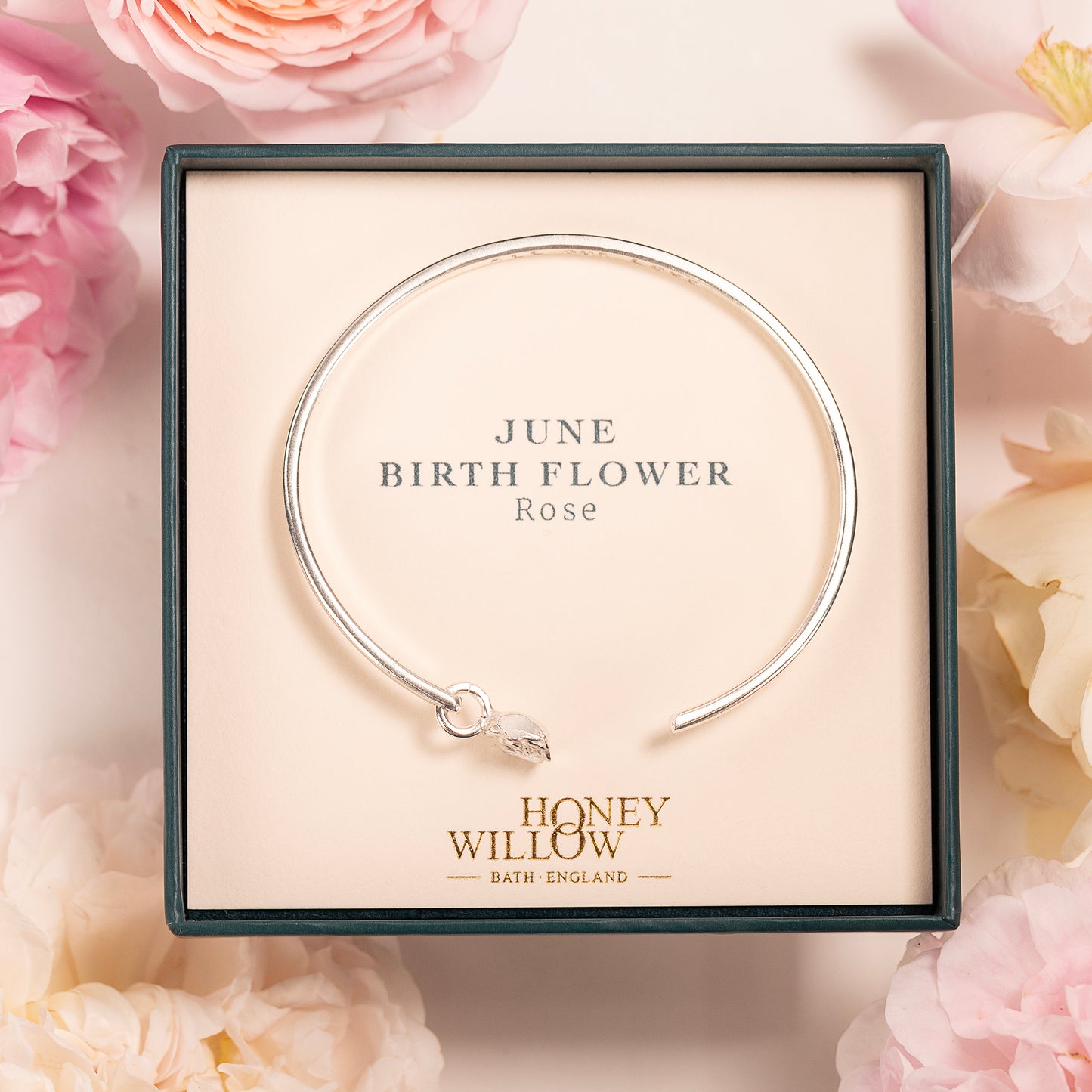 June Birth Flower Jewellery - Personalised Rose Torc Bangle - Silver