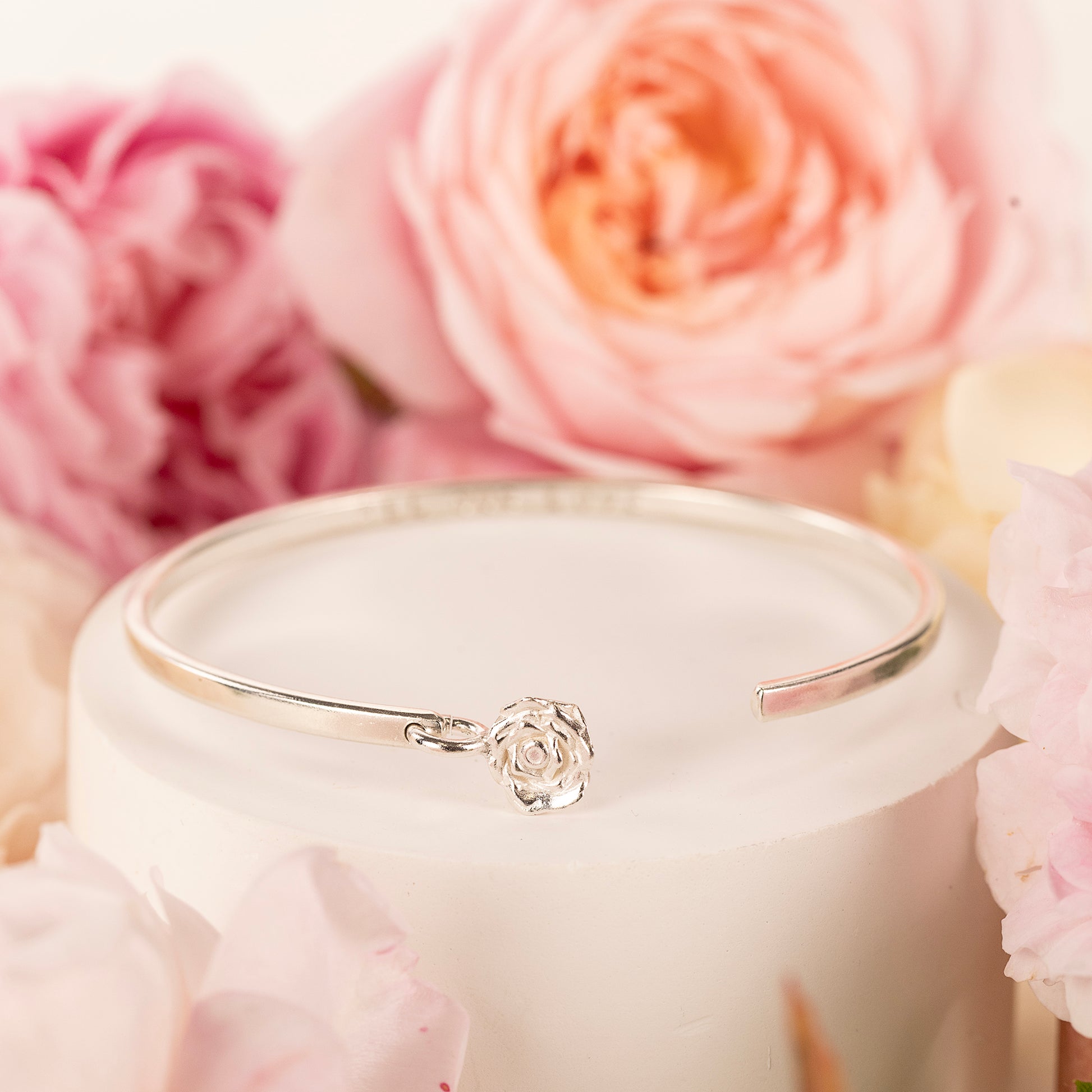 June Birth Flower Jewellery - Personalised Rose Torc Bangle - Silver