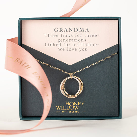Gift for Grandma - 3 Links for 3 Generations - 9kt Gold, Rose Gold & Silver Necklace