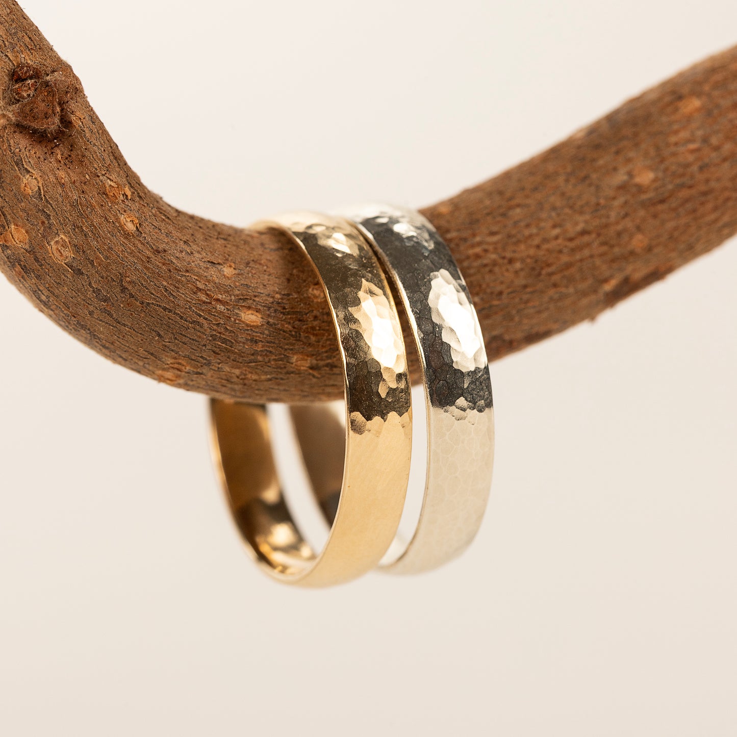 Wide Hammered Texture Court Wedding Band - 9kt White & Yellow Gold