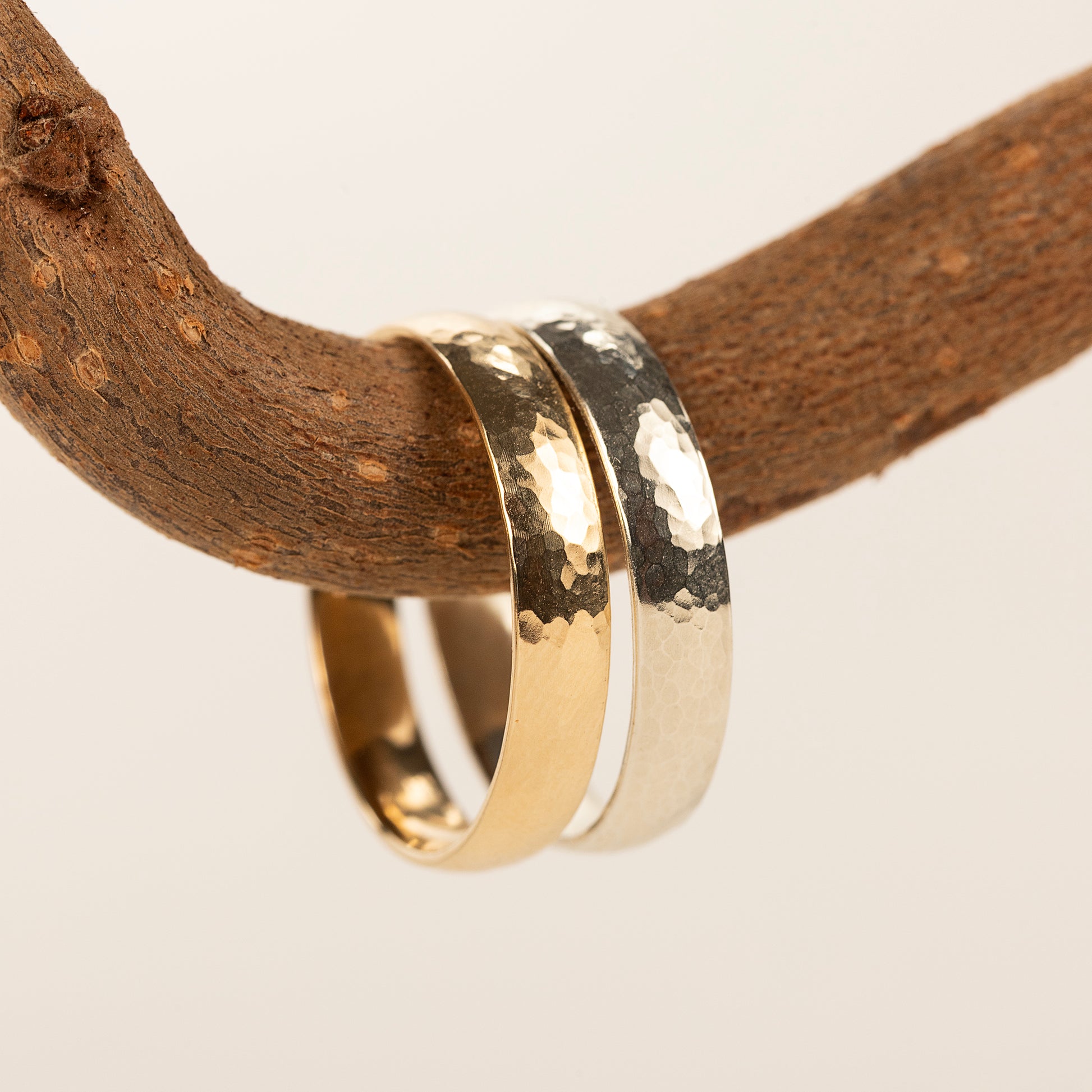 Wide Hammered Texture Court Wedding Band - 9kt White & Yellow Gold