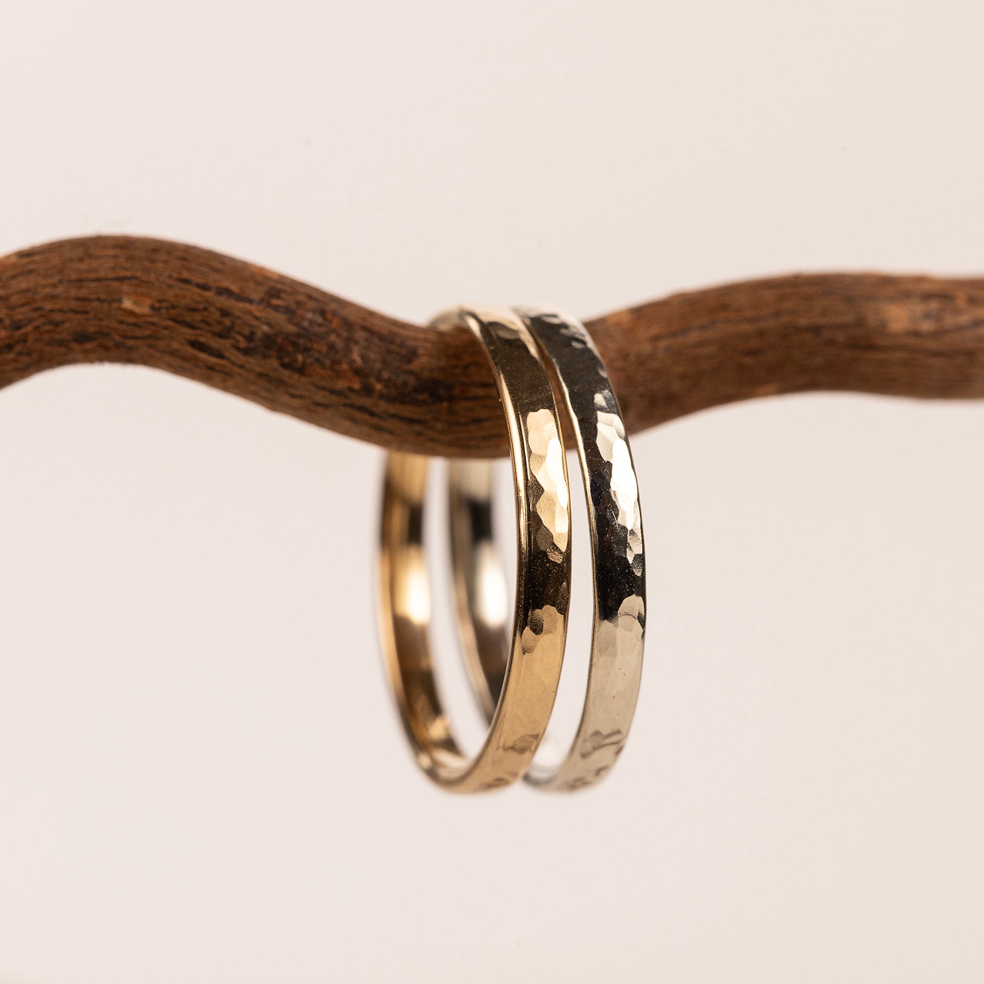 Hammered Texture Court Wedding Band - 9kt White & Yellow Gold