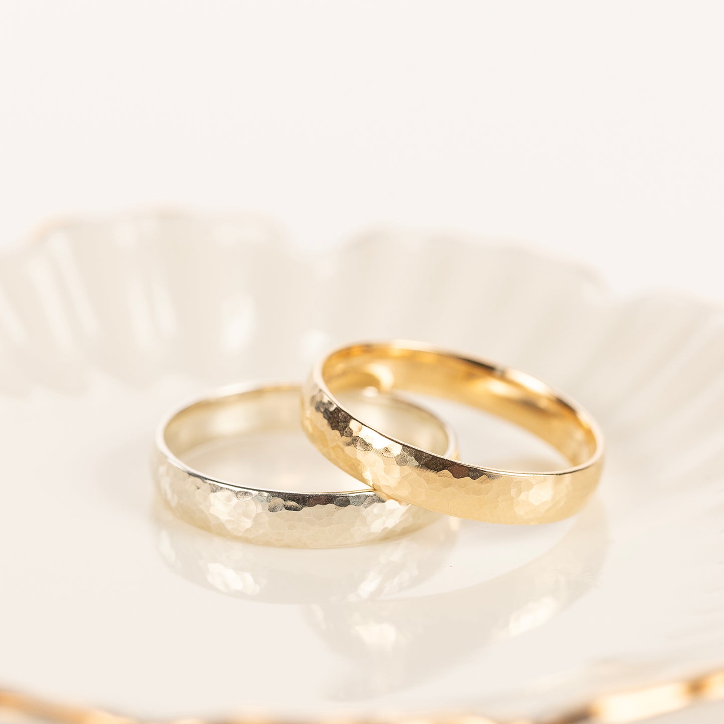 Wide Hammered Texture Court Wedding Band - 9kt White & Yellow Gold