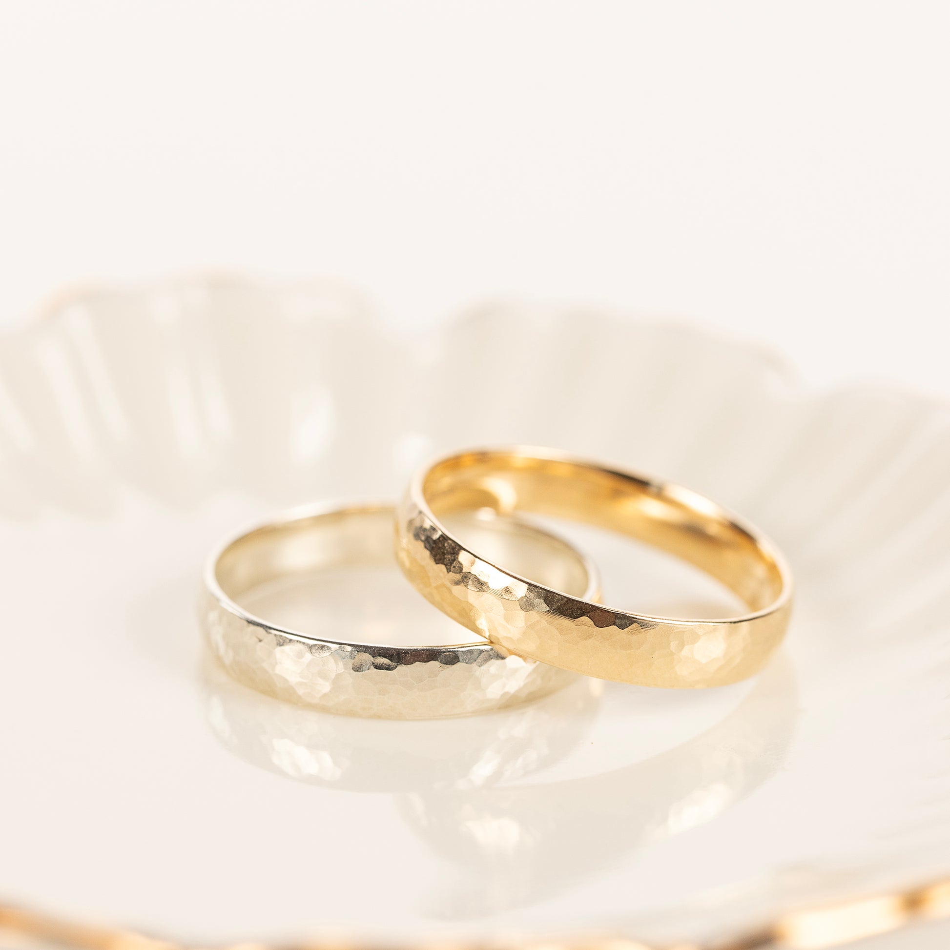 Wide Hammered Texture Court Wedding Band - 9kt White & Yellow Gold