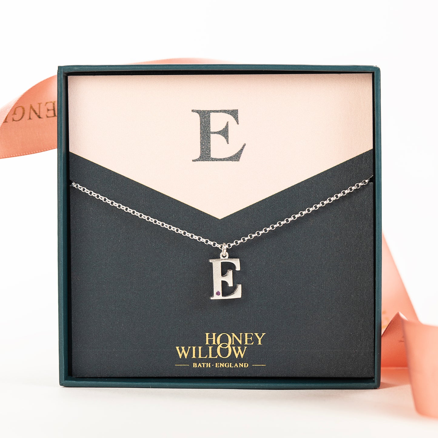 E Initial Charm & Birthstone Necklace - Silver