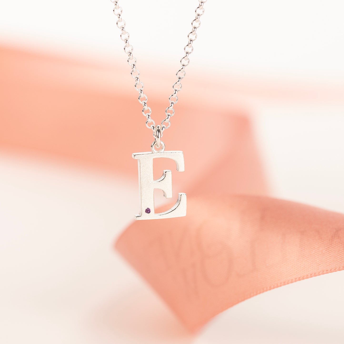 E Initial Charm & Birthstone Necklace - Silver